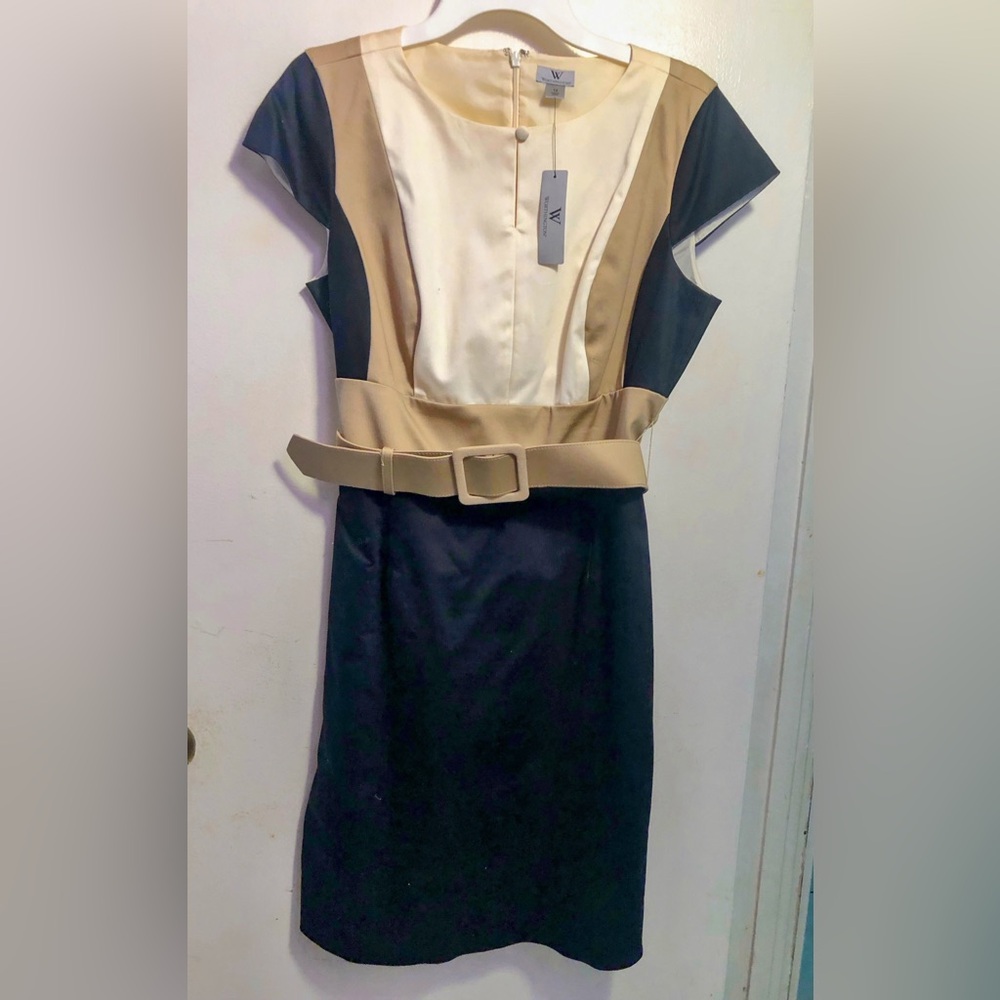 Black & Beige, Color Block, Cap Sleeve, Midi Dress
